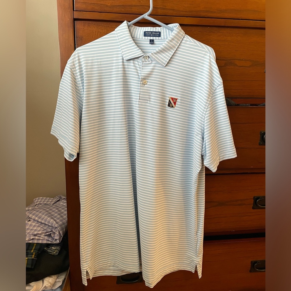 Peter Millar Men's Crown Crafted Large Light Blue/White Stripe Performance Polo